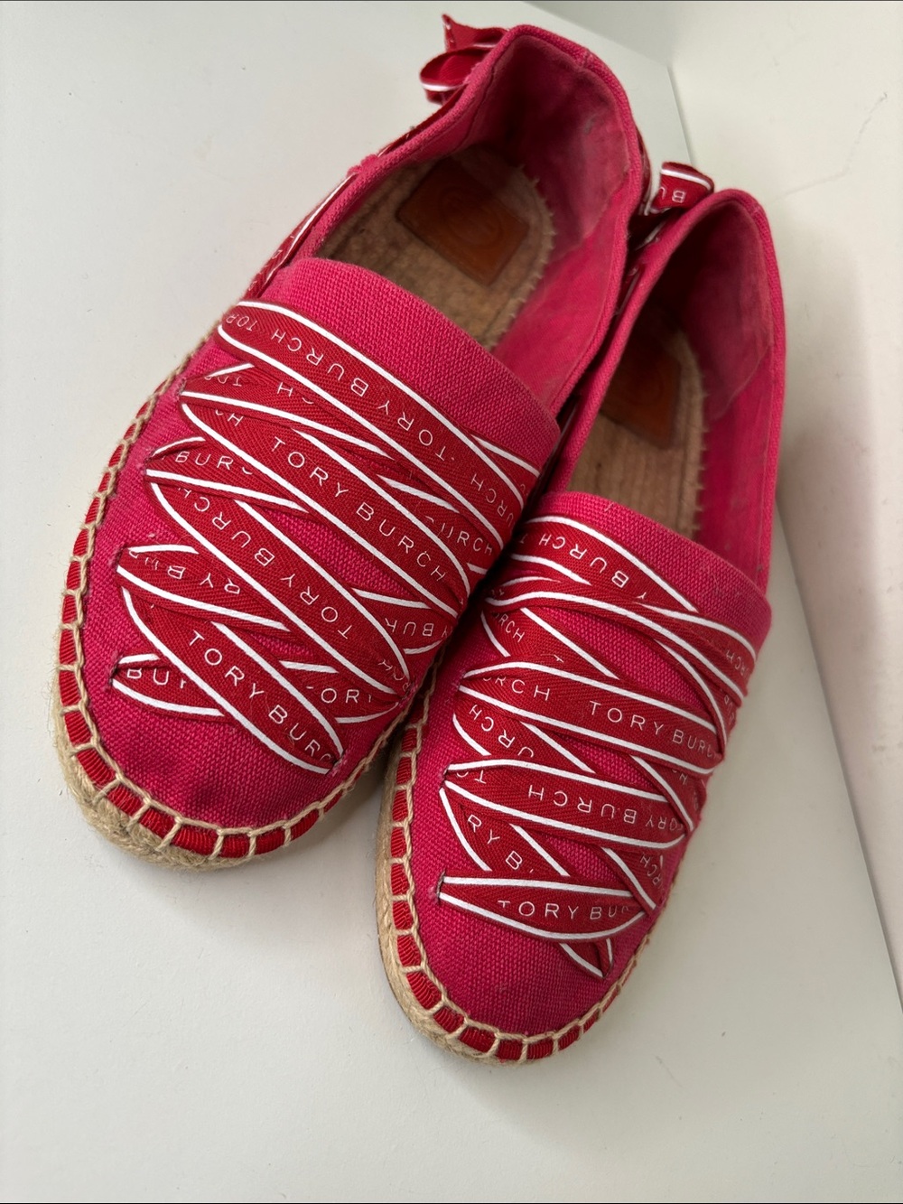 Tory Burch Pink Canvas Espadrille Flats with red Ribbon Trim 8.5